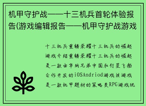 机甲守护战——十三机兵首轮体验报告(游戏编辑报告——机甲守护战游戏体验续评)